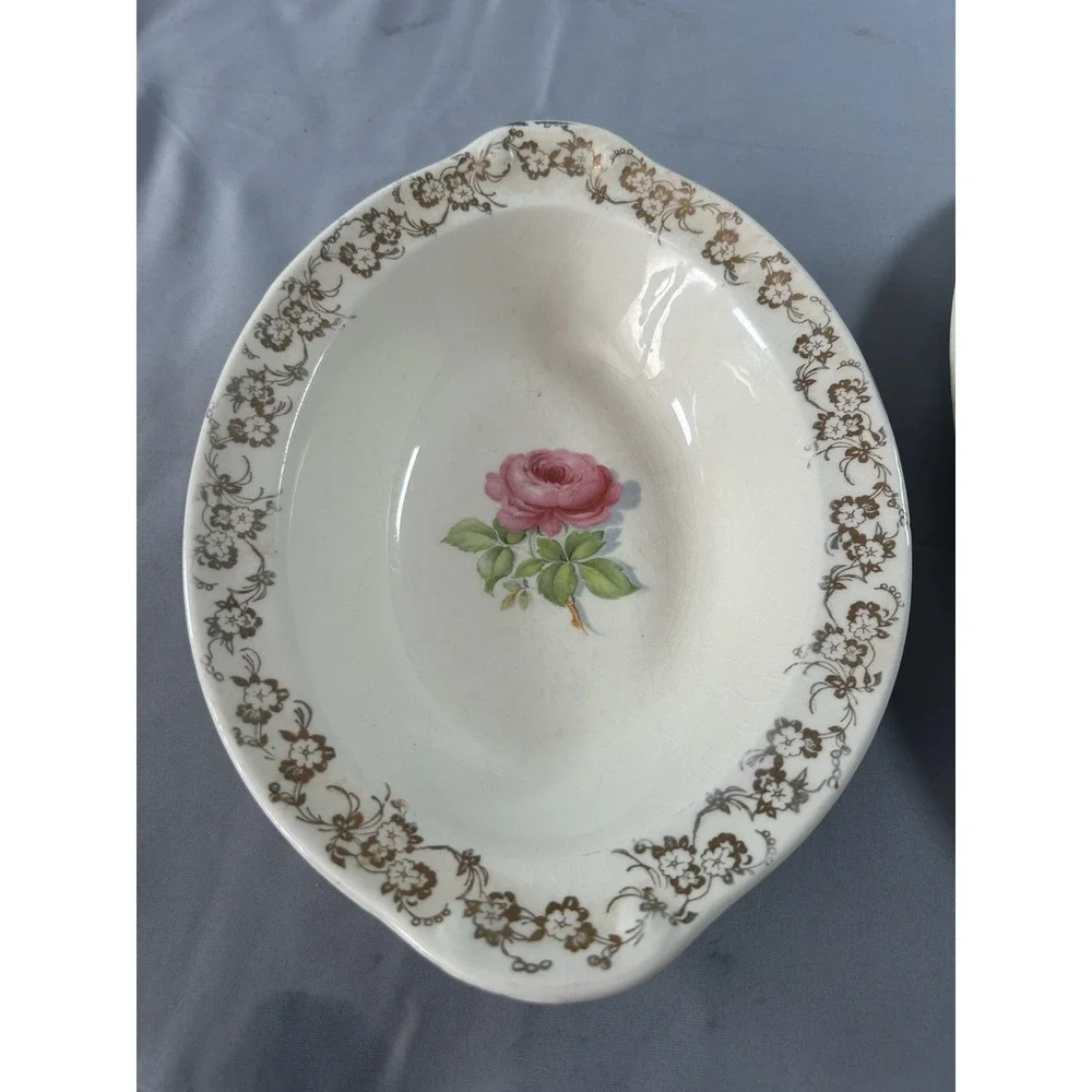 Vintage Taylor Smith Taylor Oval Serving Bowl & Tray Rose Floral‎ Gold Trim